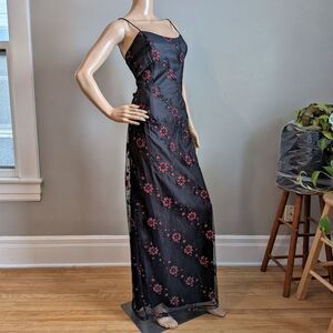 Vintage 90s Morgan & Co Black Floral Maxi Dress Prom Gown Glitter Velvet 11/12